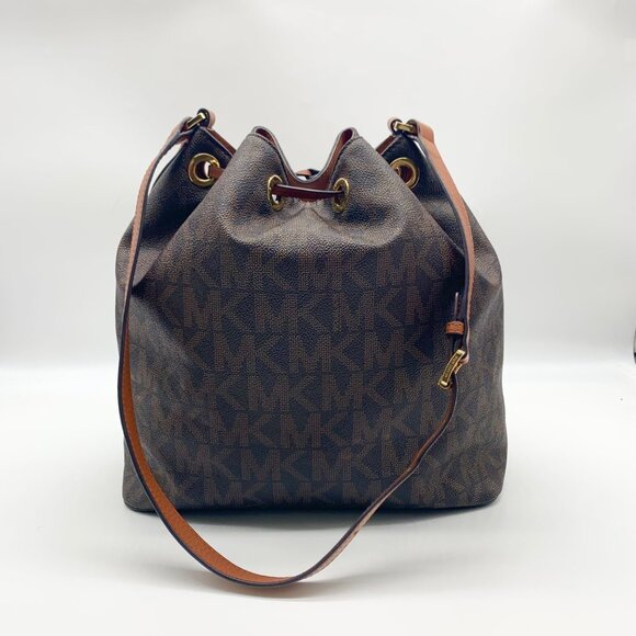 Michael Kors Dark Brown Signature Coated Canvas Jules Drawstring Shoulder Bag - Picture 2 of 11
